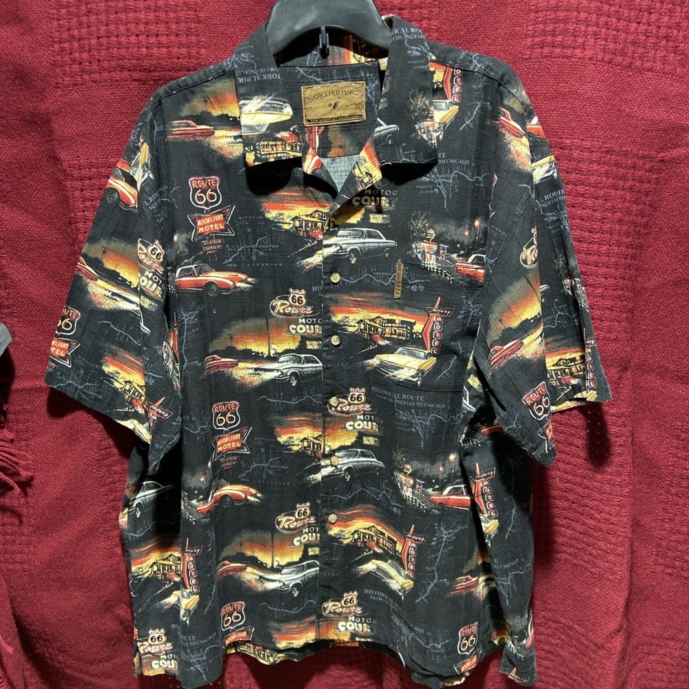 North River Men's Route 66 Button Up Shirt Vintage Cars Allover Print XXL